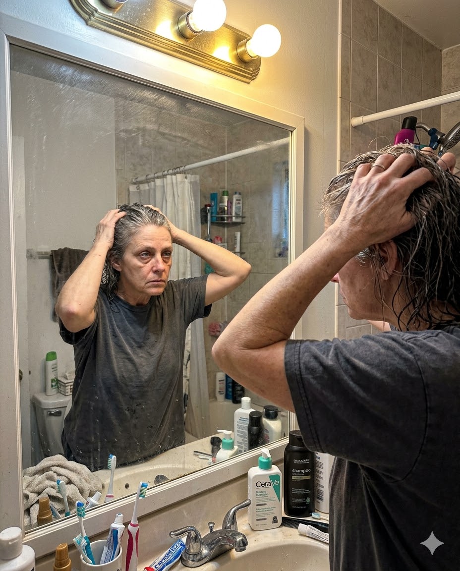 Woman looking at hair in mirror