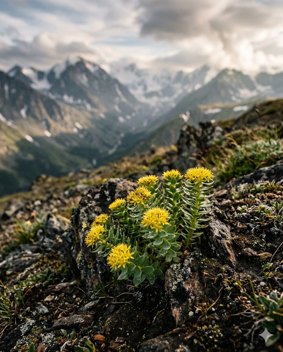 Rhodiola Rosea plant in Siberian mountains